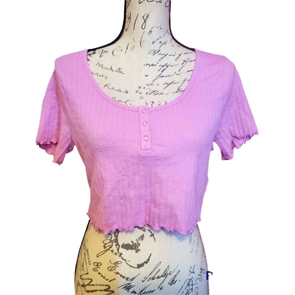 BP. Ladies Size Large Pink Ribbed Henley Crop Short Sleeve Top